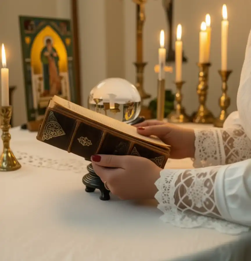 Обряд гадания на Таро — гадалка проводит эзотерический ритуал при свечах